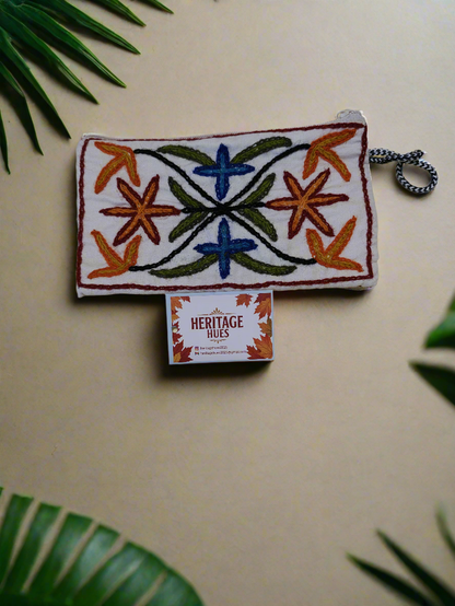 Handmade Embroidered Zip Pouches - Floral White