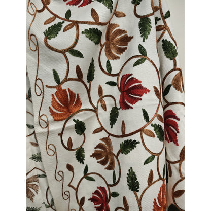 Kashmiri Embroidered Woolen Stole - Floral White