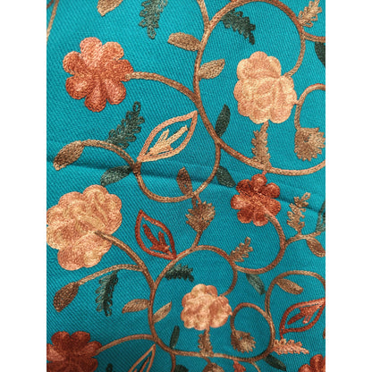 Kashmiri Embroidered Woolen Stole - Floral Turquoise