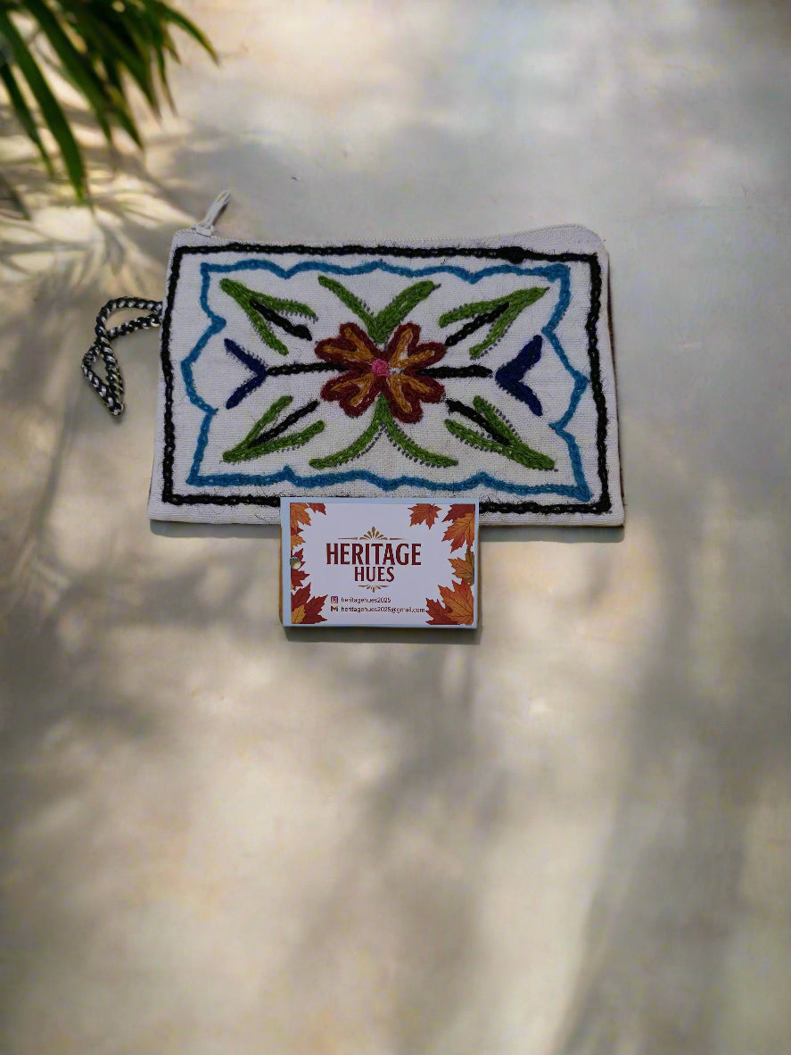 Handmade Embroidered Zip Pouches - Floral White
