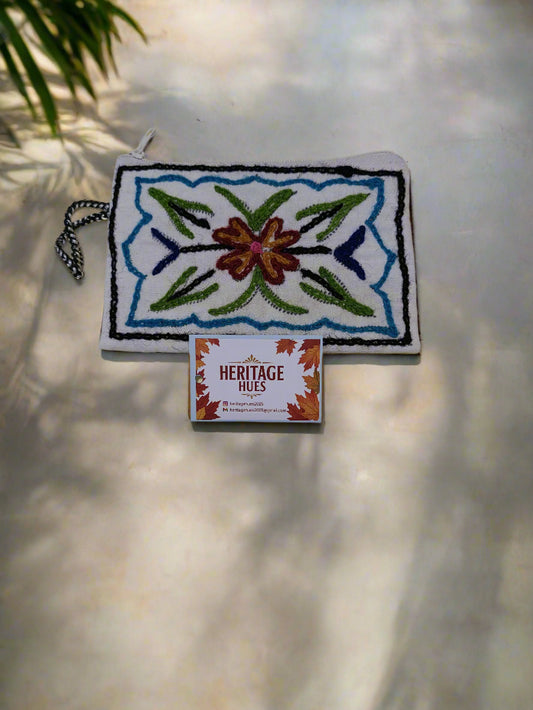 Handmade Embroidered Zip Pouches - Floral White