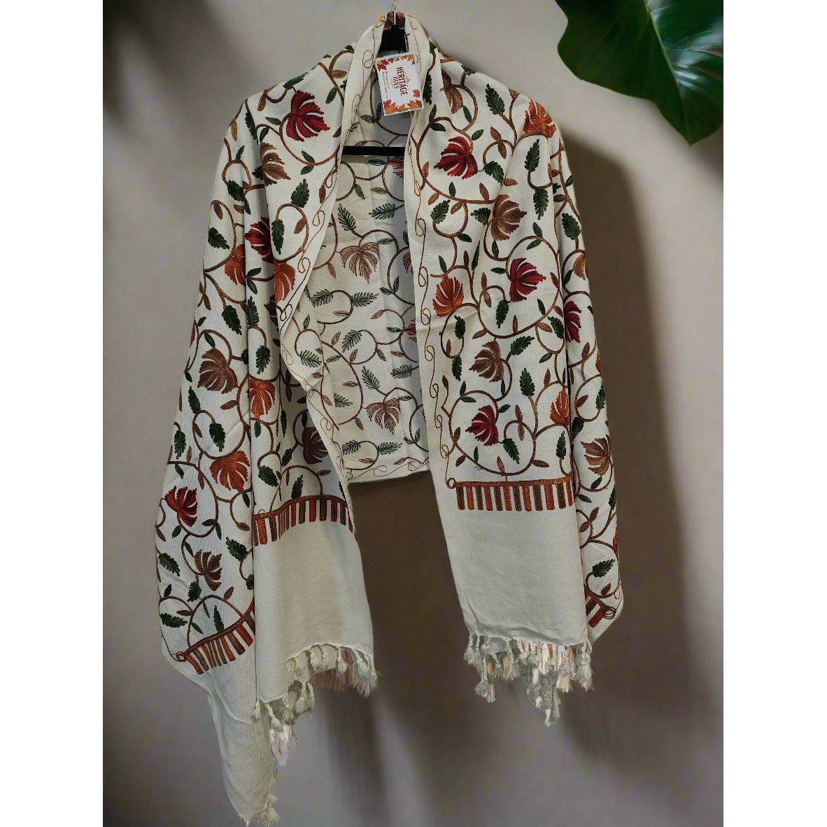 Kashmiri Embroidered Woolen Stole - Floral White