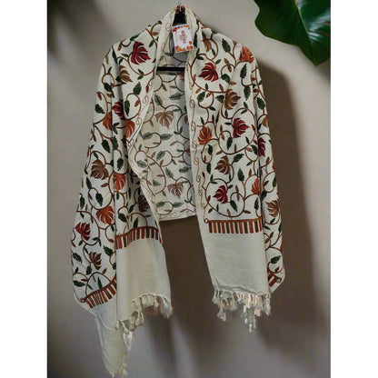 Kashmiri Embroidered Woolen Stole - Floral White