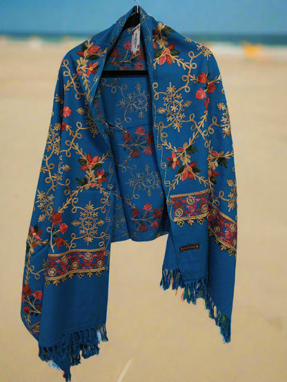 Kashmiri Embroidered Woolen Stole - Floral Blue