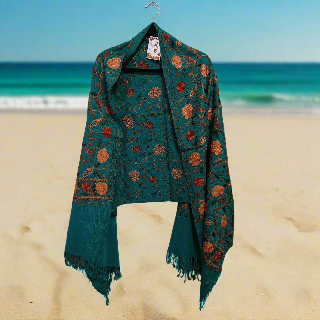 Kashmiri Embroidered Woolen Stole - Floral Turquoise