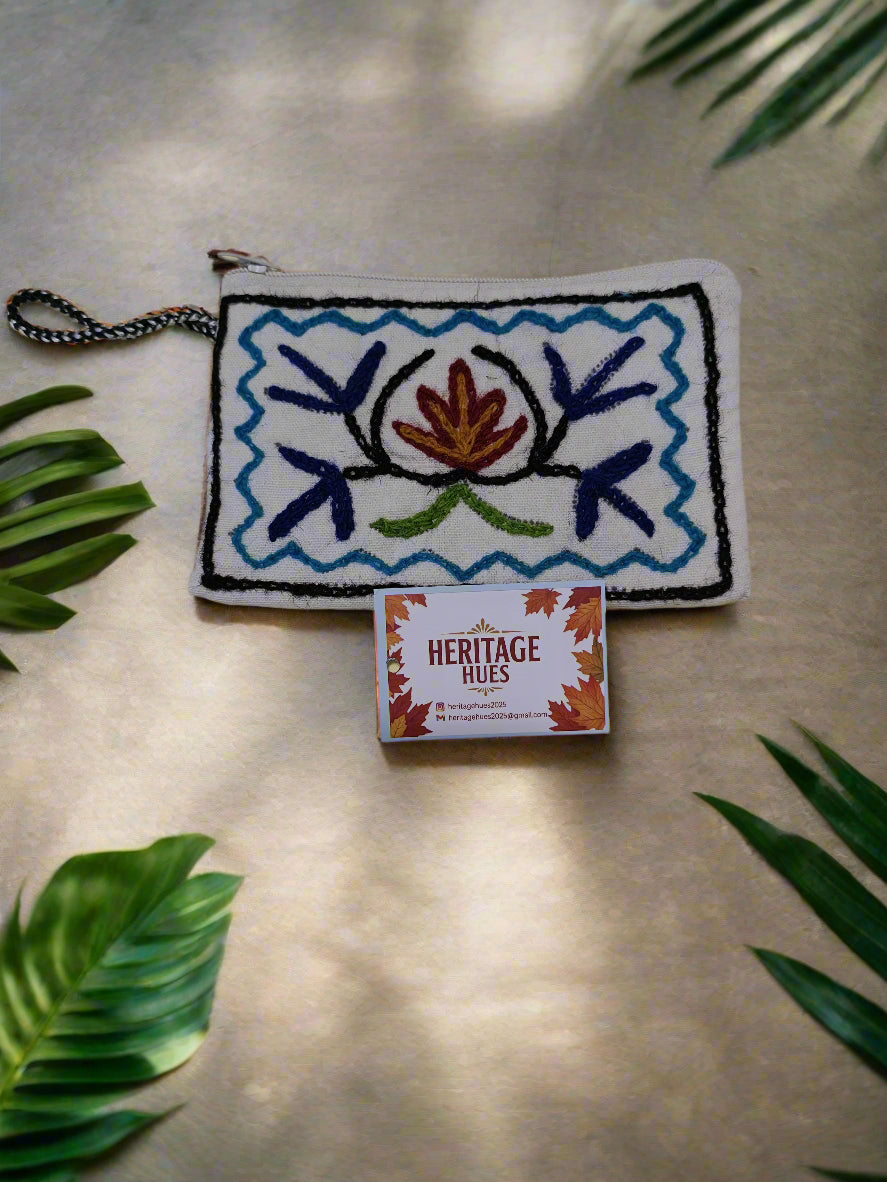 Handmade Embroidered Zip Pouches - Floral White