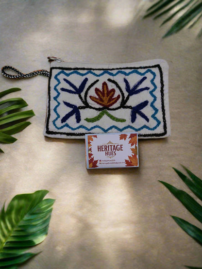 Handmade Embroidered Zip Pouches - Floral White