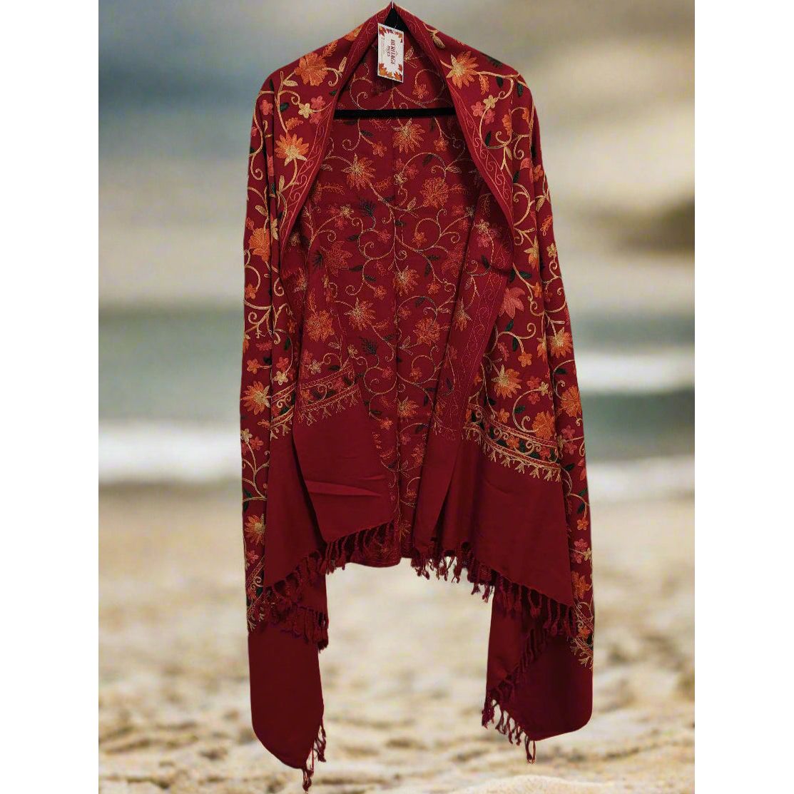 Kashmiri Embroidered Woolen Shawl - Floral Red