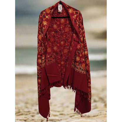 Kashmiri Embroidered Woolen Shawl - Floral Red