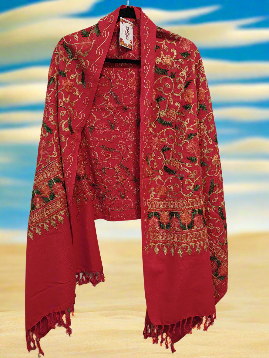 Kashmiri Embroidered Woolen Stole - Floral Red