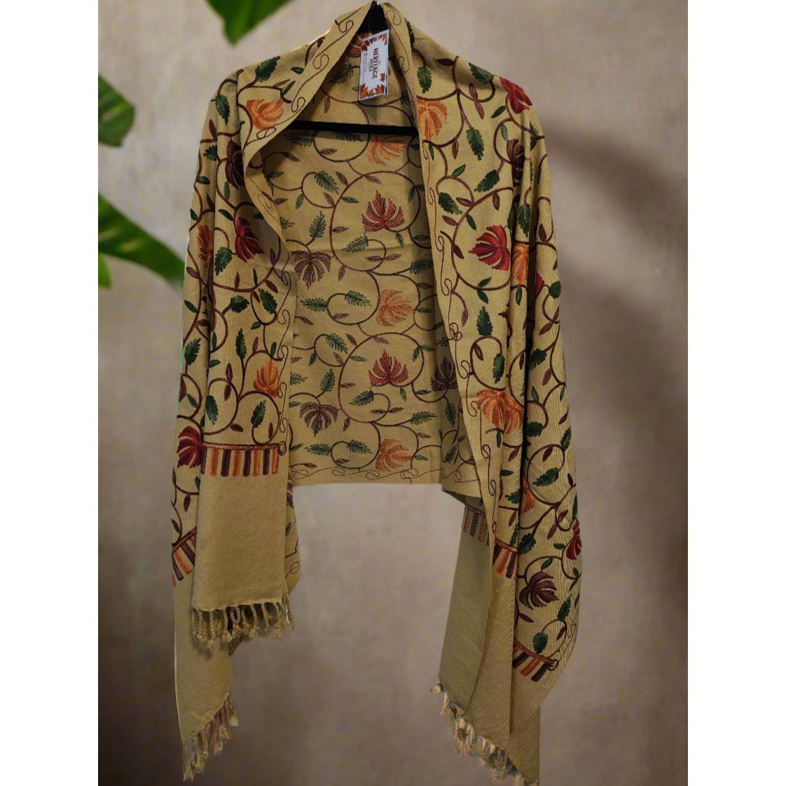 Kashmiri Embroidered Woolen Stole - Floral Beige