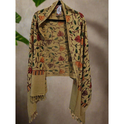 Kashmiri Embroidered Woolen Stole - Floral Beige