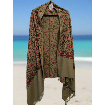 Kashmiri Embroidered Woolen Shawl - Floral Beige
