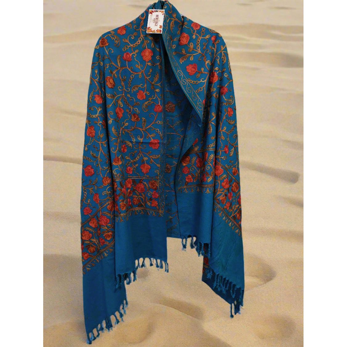 Kashmiri Embroidered Woolen Shawl - Floral Blue