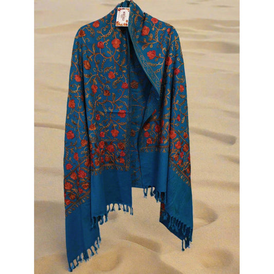 Kashmiri Embroidered Woolen Shawl - Floral Blue