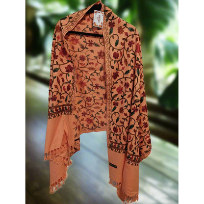 Kashmiri Embroidered Woolen Stole - Floral Peach