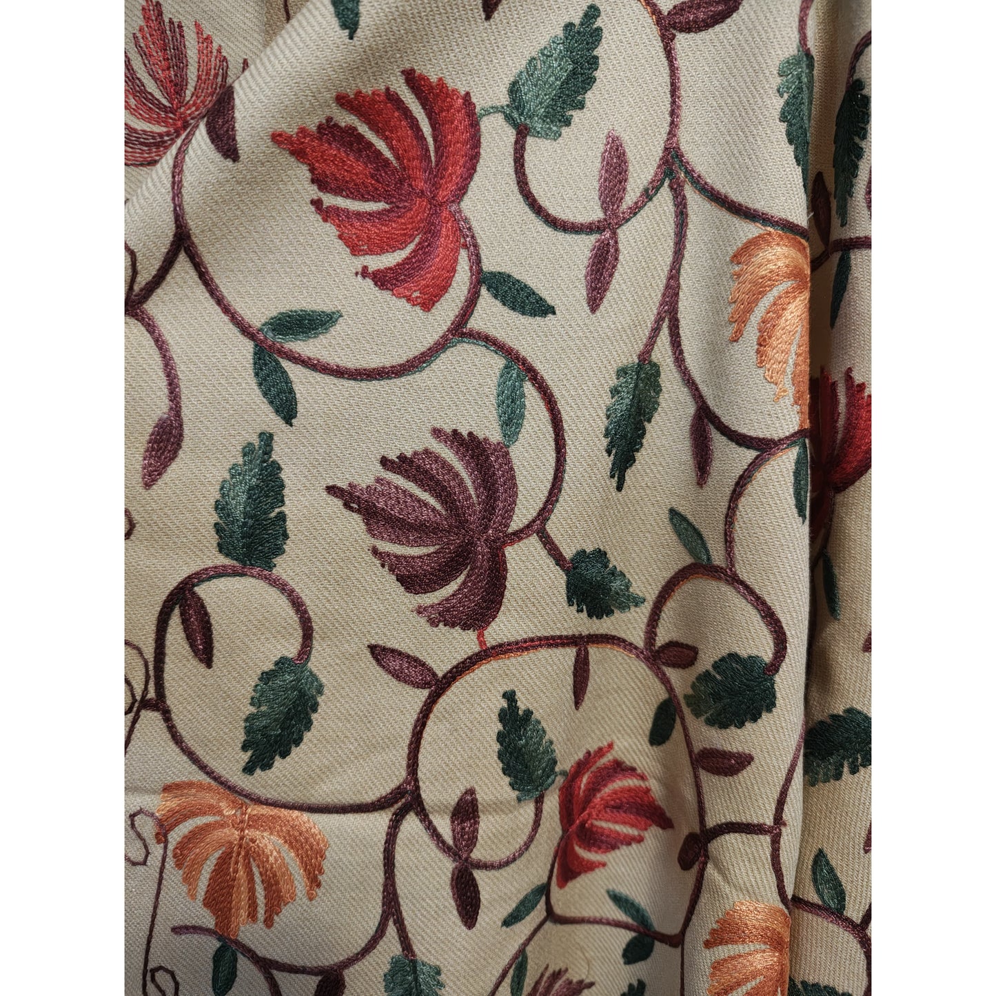 Kashmiri Embroidered Woolen Stole - Floral Beige