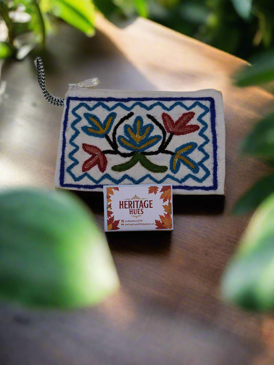 Handmade Embroidered Zip Pouches - Floral White