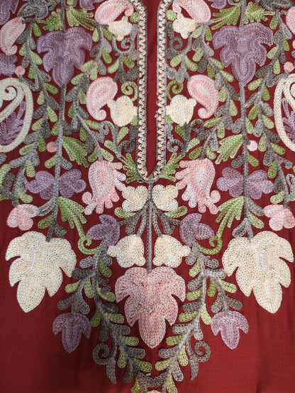 Kashmiri Embroidered Long Cotton Kurti - Multi Coloured