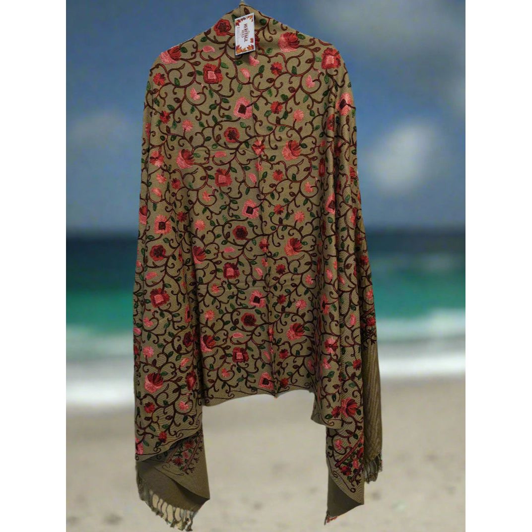 Kashmiri Embroidered Woolen Shawl - Floral Beige