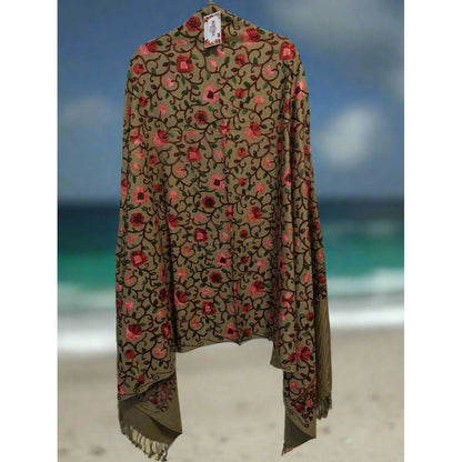 Kashmiri Embroidered Woolen Shawl - Floral Beige
