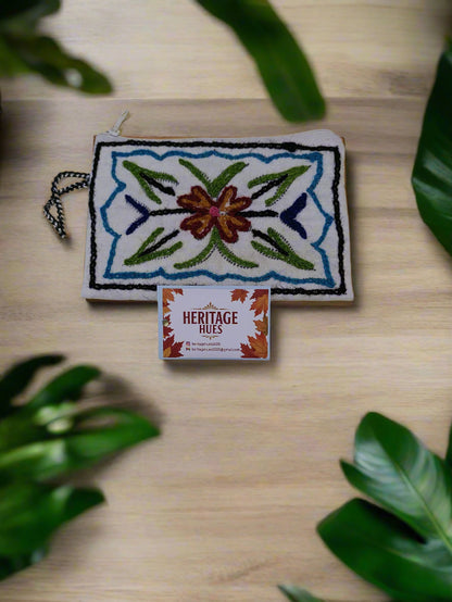 Handmade Embroidered Zip Pouches - Floral White