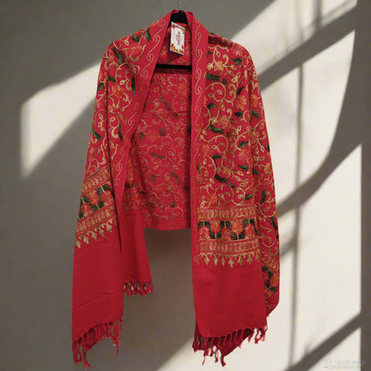Kashmiri Embroidered Woolen Stole - Floral Red
