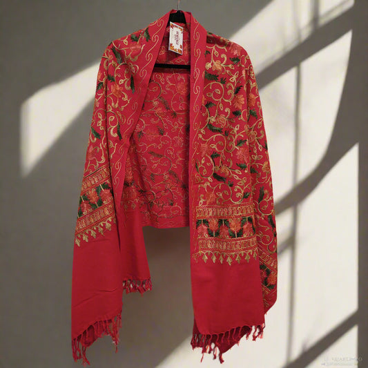 Kashmiri Embroidered Woolen Stole - Floral Red