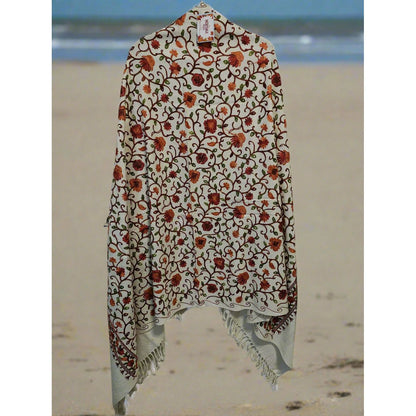 Kashmiri Embroidered Woolen Shawl - Floral White
