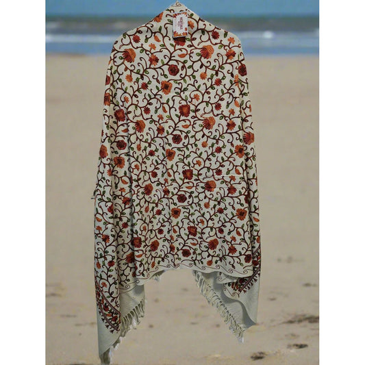 Kashmiri Embroidered Woolen Shawl - Floral White