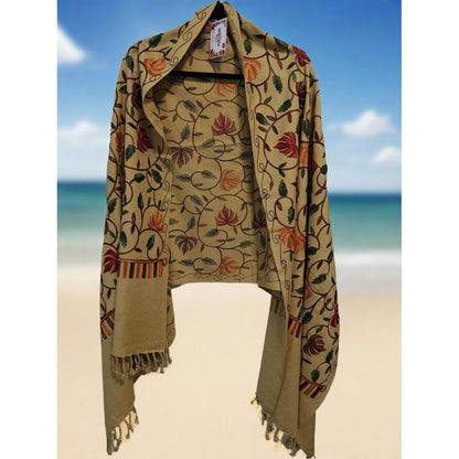 Kashmiri Embroidered Woolen Stole - Floral Beige