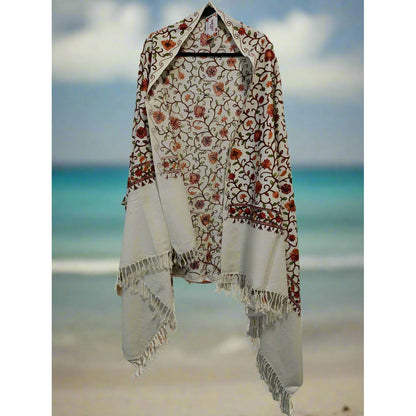 Kashmiri Embroidered Woolen Shawl - Floral White
