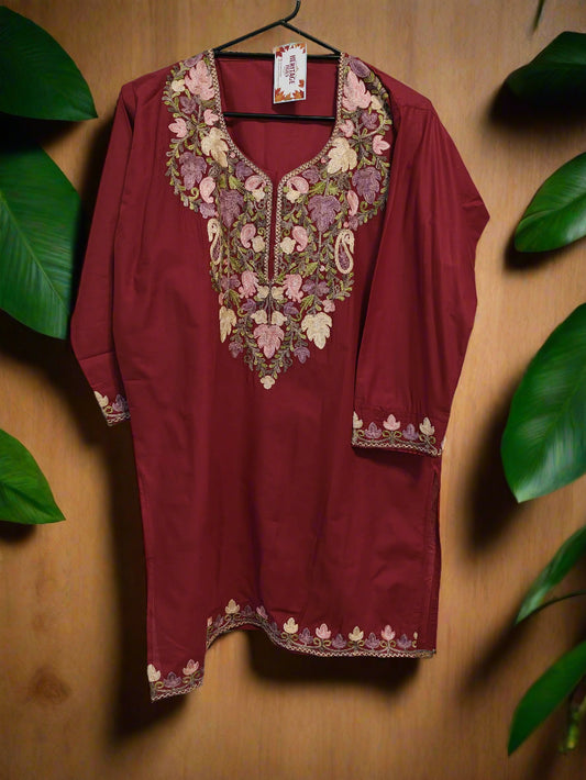 Kashmiri Embroidered Cotton Kurti - Red