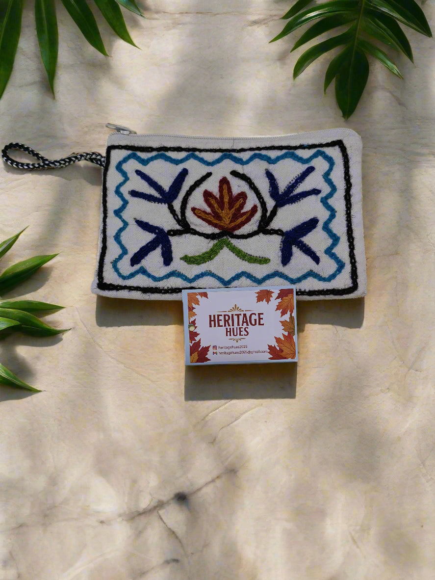 Handmade Embroidered Zip Pouches - Floral White