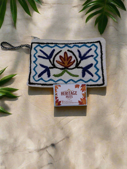 Handmade Embroidered Zip Pouches - Floral White