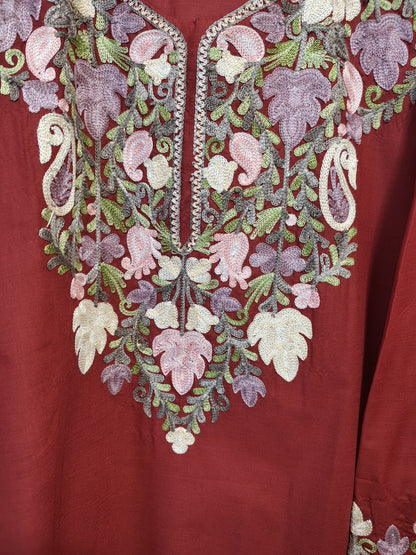 Kashmiri Embroidered Long Cotton Kurti - Multi Coloured
