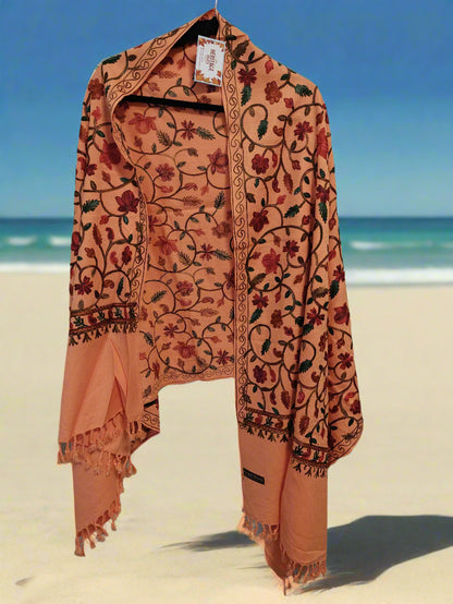 Kashmiri Embroidered Woolen Stole - Floral Peach