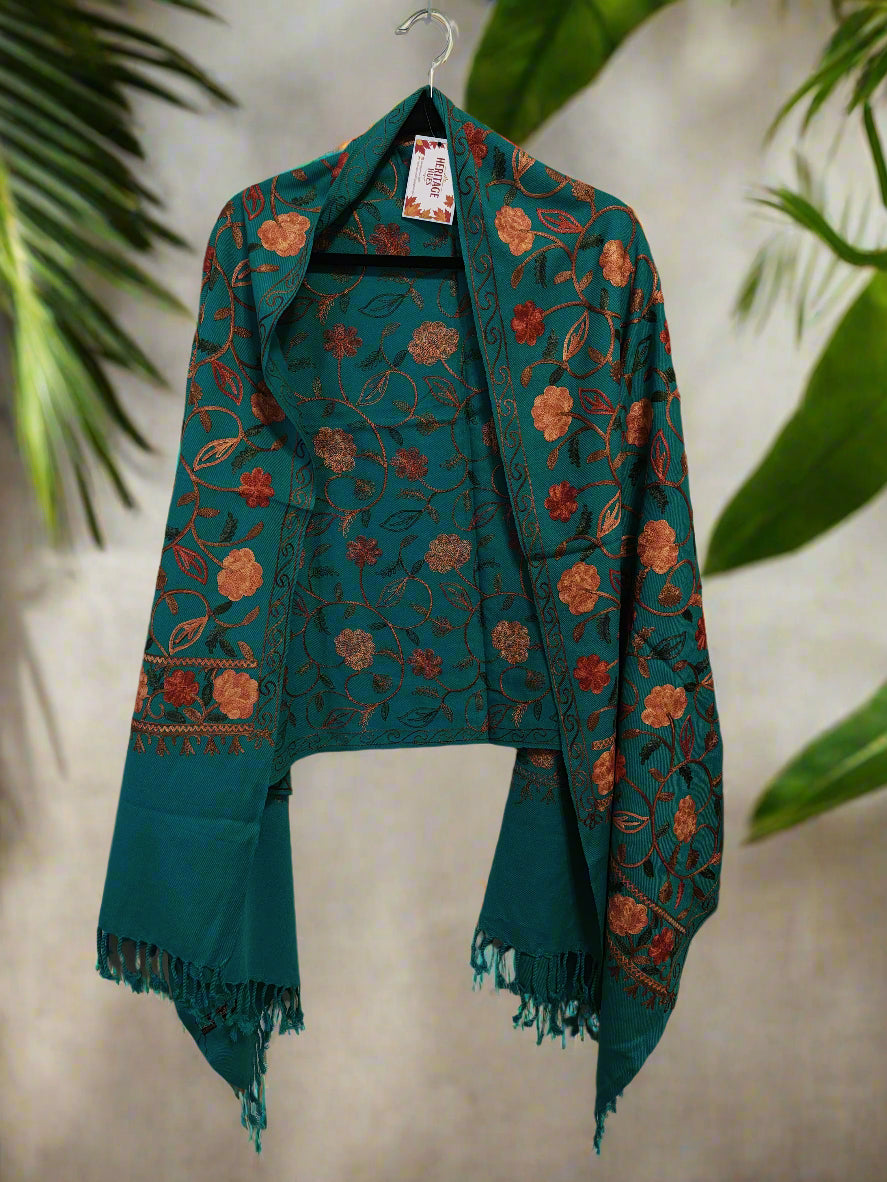 Kashmiri Embroidered Woolen Stole - Floral Turquoise