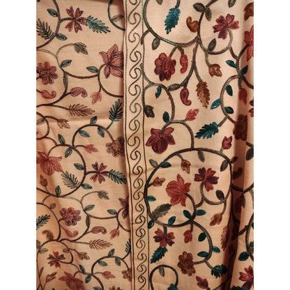 Kashmiri Embroidered Woolen Stole - Floral Peach