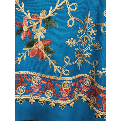 Kashmiri Embroidered Woolen Stole - Floral Blue