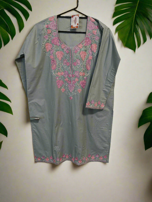 Kashmiri Embroidered Cotton Kurti - Gray