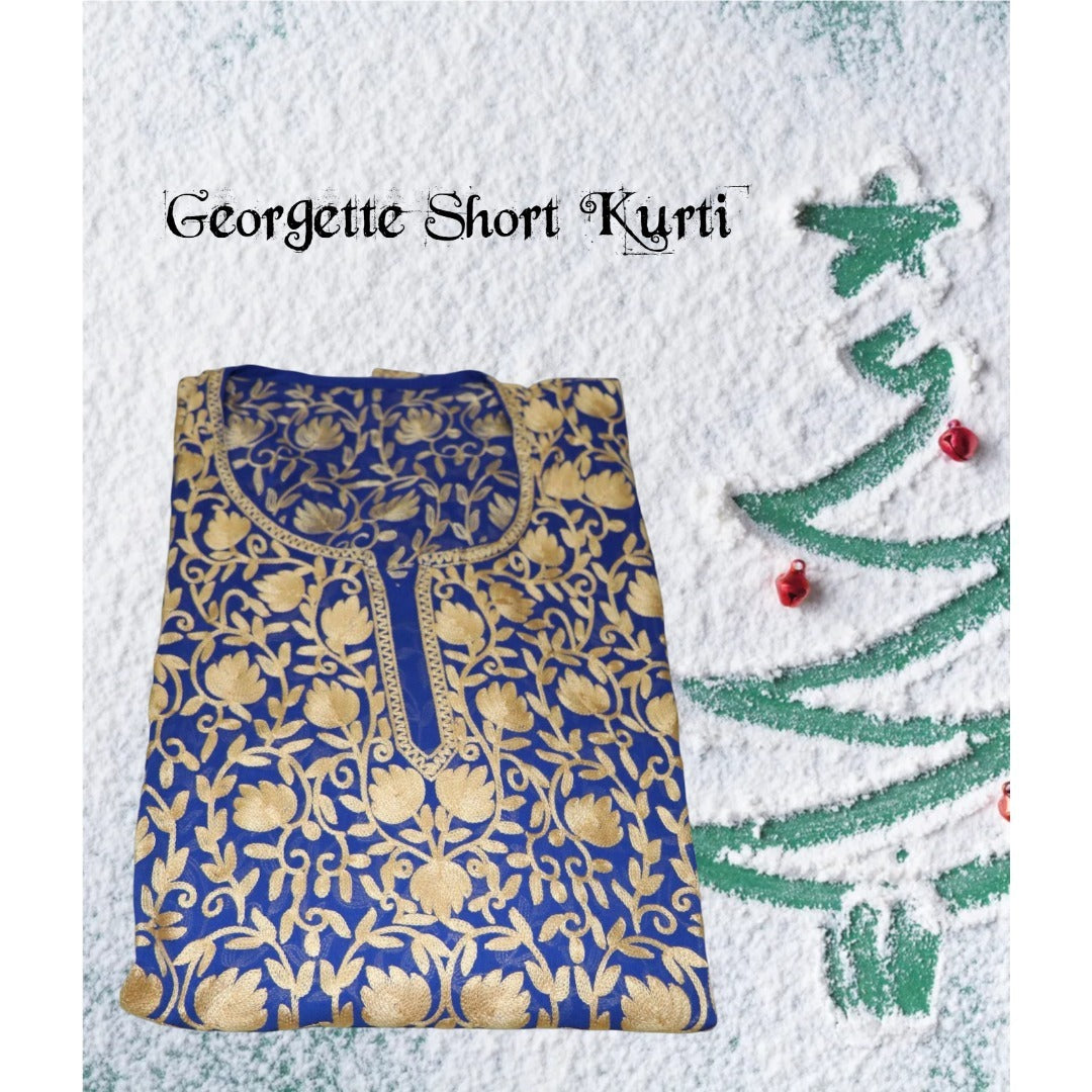 Traditional Handcrafted Georgette Short Kurti - Kashmiri Embroidered