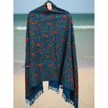 Kashmiri Embroidered Woolen Shawl - Floral Blue