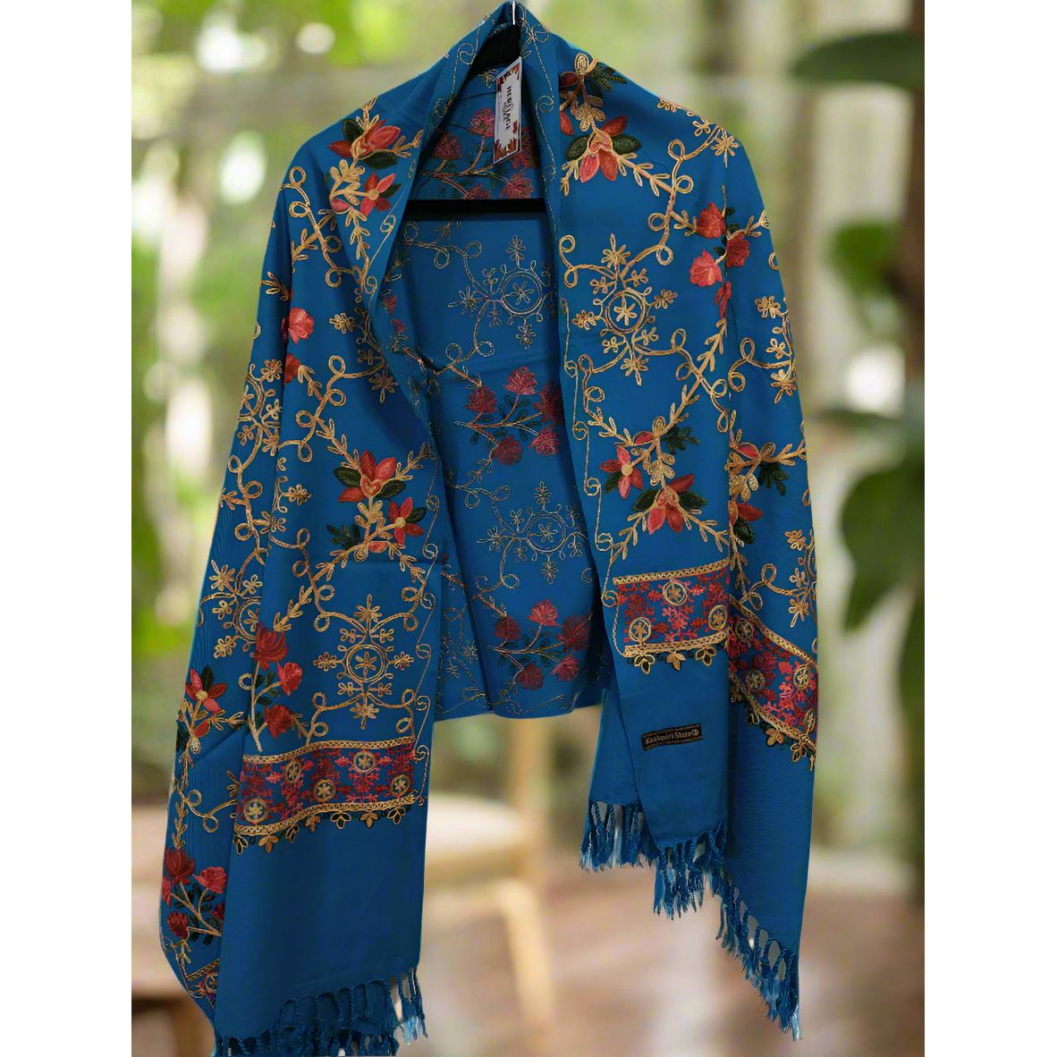 Kashmiri Embroidered Woolen Stole - Floral Blue