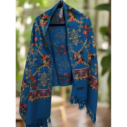 Kashmiri Embroidered Woolen Stole - Floral Blue