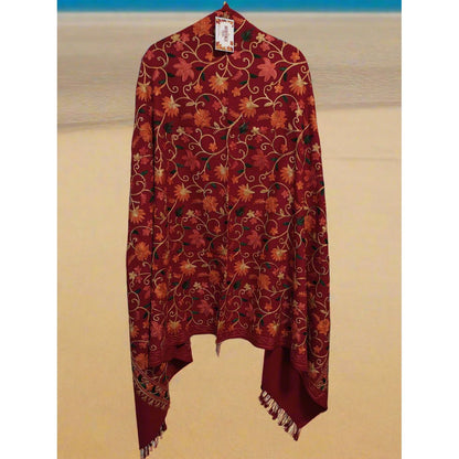 Kashmiri Embroidered Woolen Shawl - Floral Red