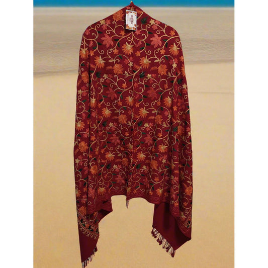 Kashmiri Embroidered Woolen Shawl - Floral Red