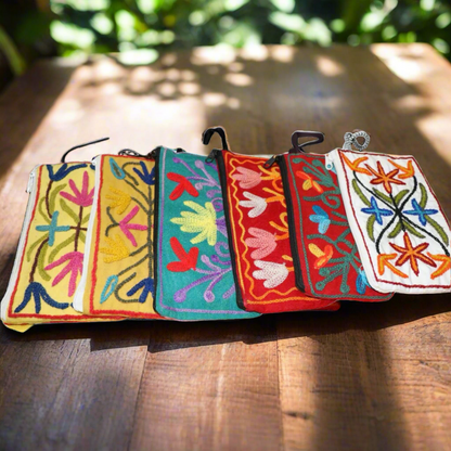 Handmade Embroidered Zip Pouches - Floral Green