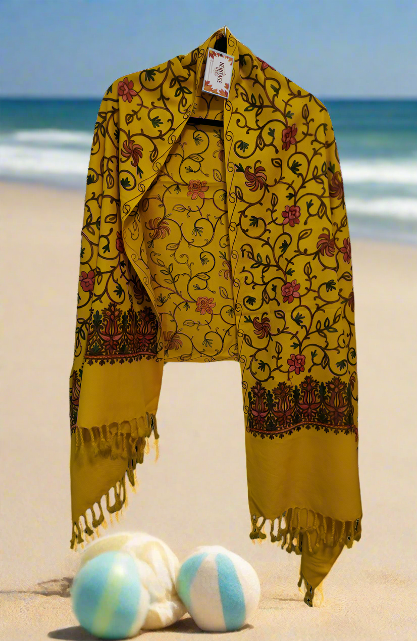 Kashmiri Embroidered Woolen Stole - Floral Amber