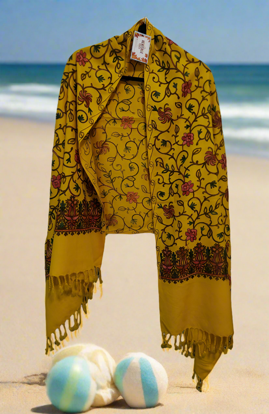 Kashmiri Embroidered Woolen Stole - Floral Amber